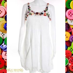 SUE WONG Chic Wht Buttons Bubble Hem Dress